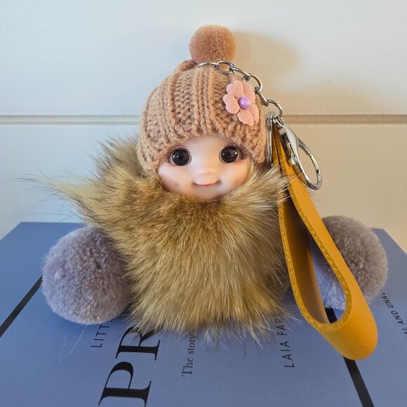 Cute Smiling Fur Baby Keychain with LOVE tag, Plush rabbit fur, Bag Charm - Picture 4 of 5